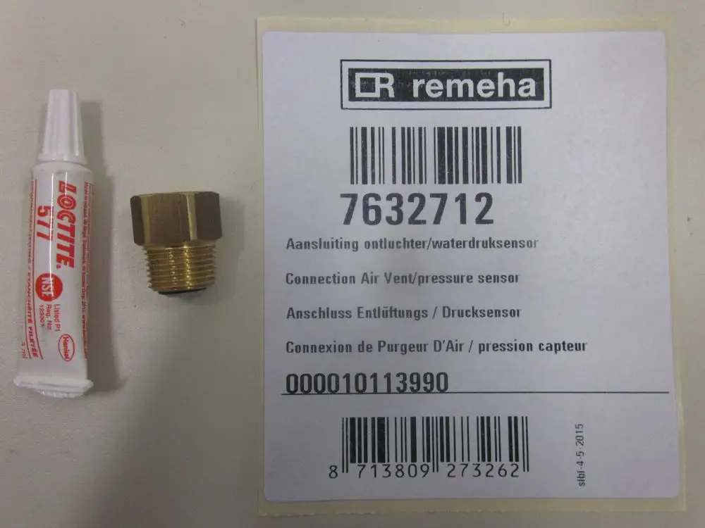 Remeha Kunststoffverpackung mit einer Schraubverbindung aus Messing und einer Tube Loctite Dichtmittel. Produkte zur Anbindung eines Drucksensors oder Entlüfters.